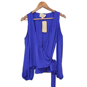 Artelier Nicole Miller Cold Shoulder Silk Wrap Blouse Blue Size S NWT